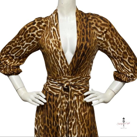YIGAL AZROUEL Stretch Jersey Deep V Plunge Dress Leopard Ruched Sash Waist XS - Picture 2 of 15